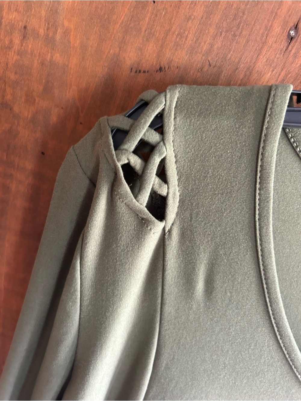 new directions Olive Green Swing Dress, with lattice work shoulder detail!